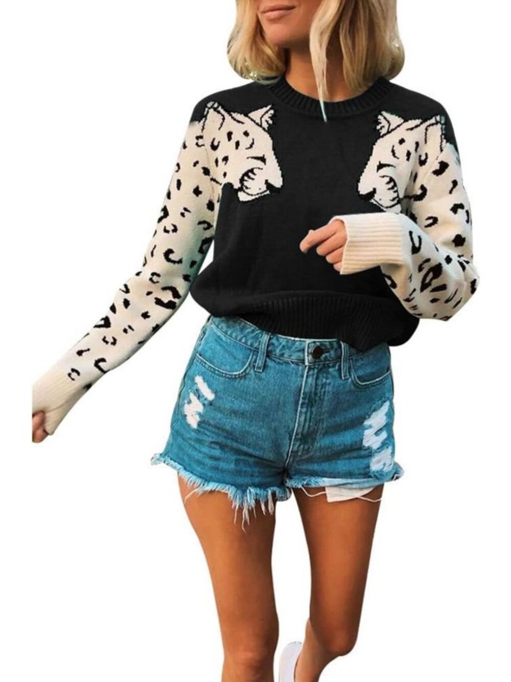 Casual Leopard Print Knitted Pullover Sweater - Long Sleeve Crew Neck Jumper